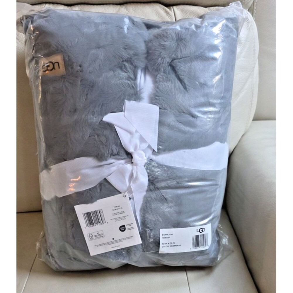 UGG Euphoria Reversible Throw Blanket Faux Fur Polyester 50"x 70" Chambray New